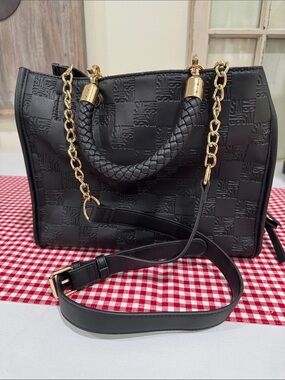 Steve Madden Black Embossed Satchel with Gold Chain Accents